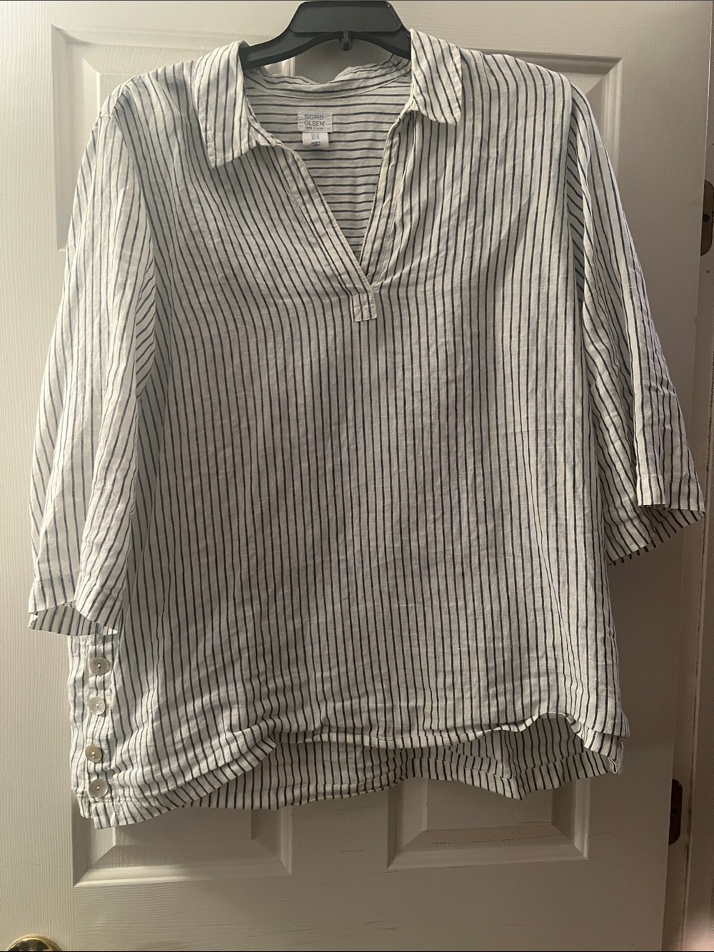 Sigrid Olsen White Linen Top with Navy Stripes